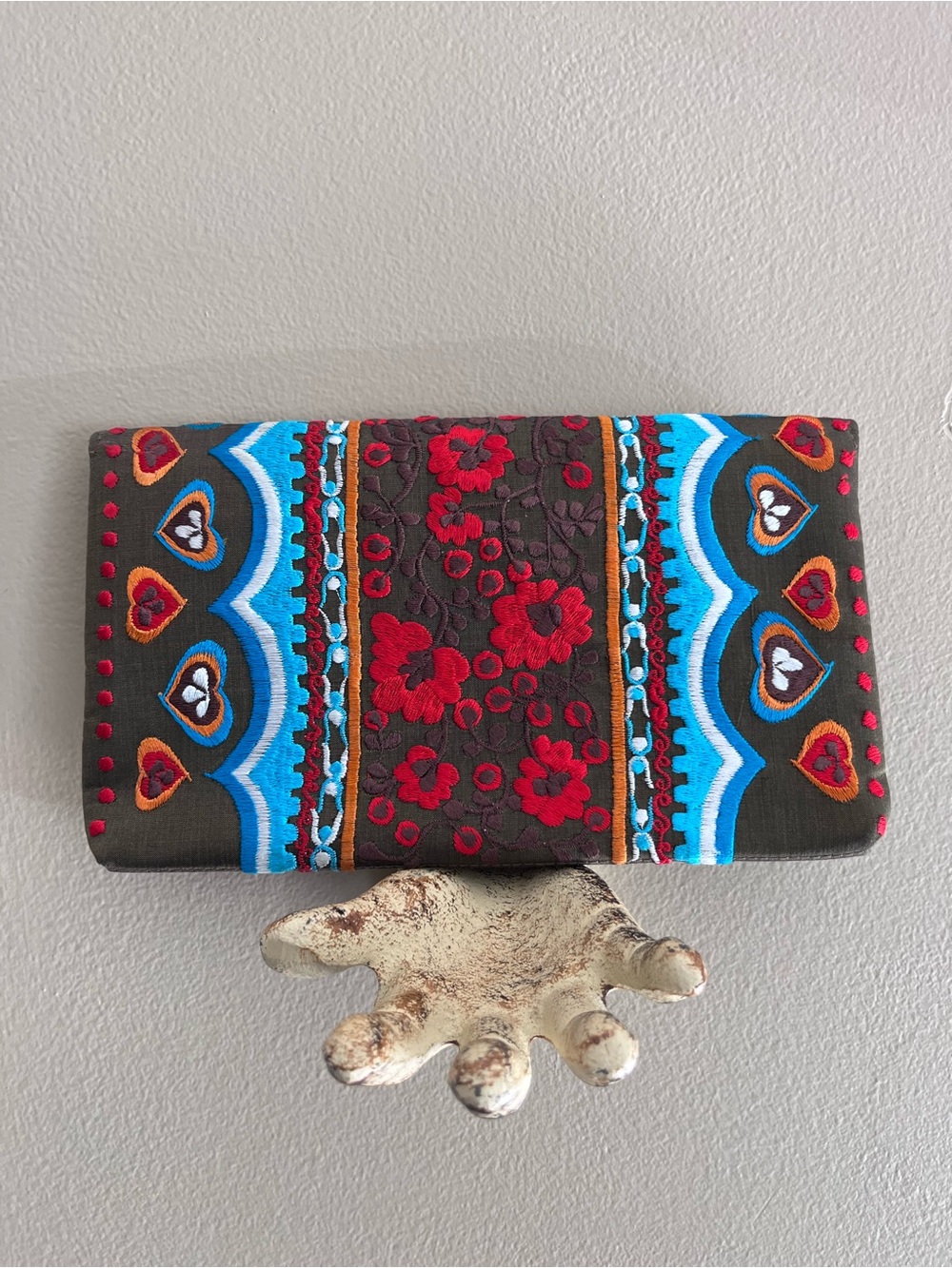 Embroidered Floral & Heart Clutch in Brown and Red